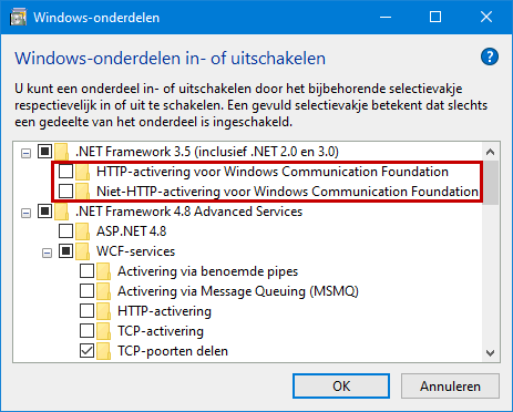Configuratiescherm, onderdeel Programmas en onderdelen, taak Windows-onderdelen in- of uitschakelen, opties .NET Framework