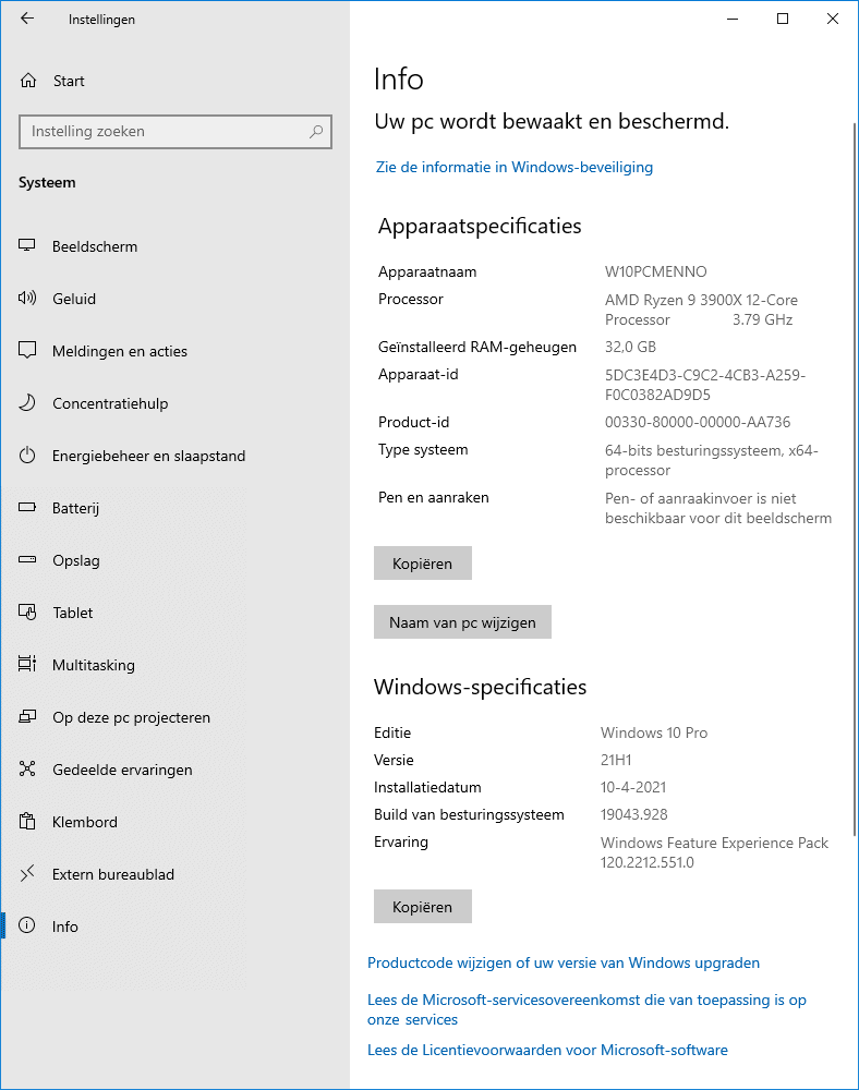 Windows 10 instellingen: onderdeel Systeem, sub Info
