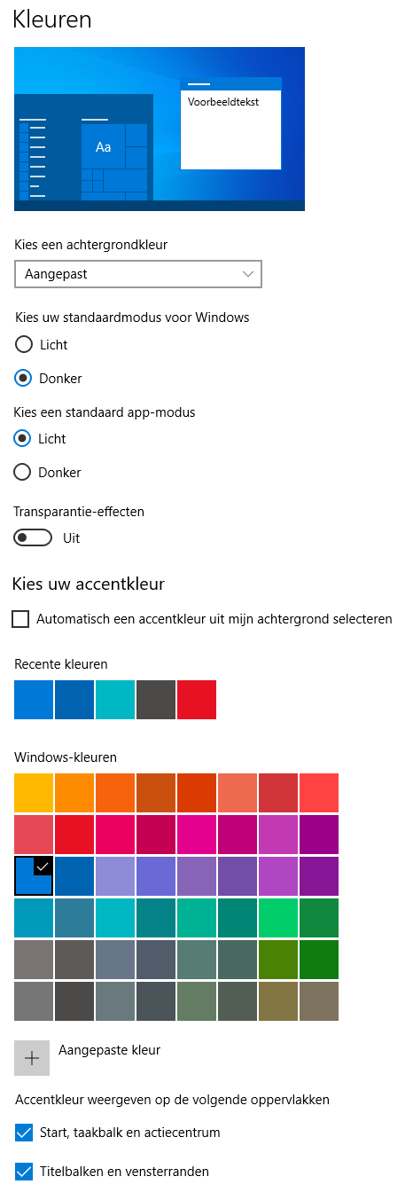 Windows 10 instellingen: onderdeel Persoonlijke instellingen, sub Kleuren