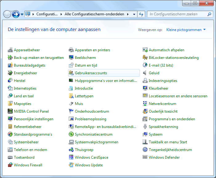 Windows 7 Configuratiescherm (kleine pictogrammen)