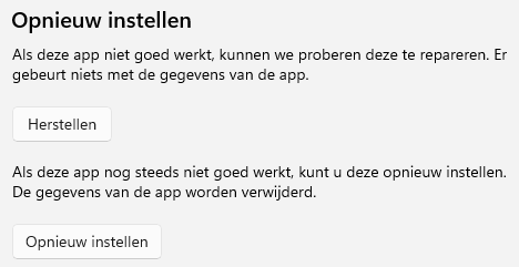 Instellingen > Apps > Genstalleerde apps > Outlook (new) > Geavanceerde opties > knop Herstellen/knop Opnieuw instellen