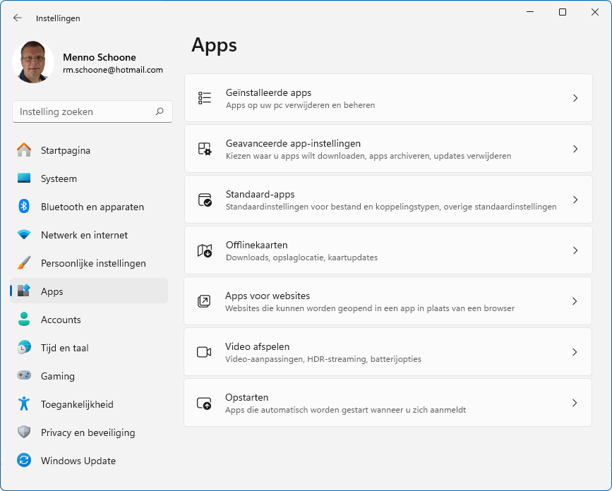 Windows 11: Instellingen > Apps