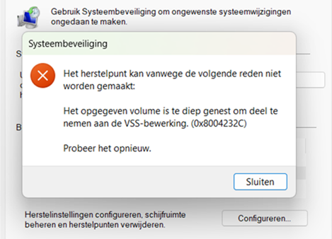 Herstelpunt maken: Het opgegeven volume is te diep genest om deel te namen aan de VSS-bewerking (0x8004232C)