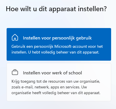 Windows 11 setup: instellen voor persoonlijk gebruik vs. instellen voor werk of school