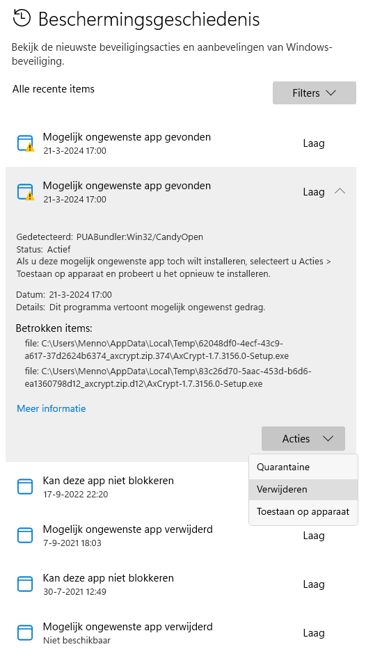 Instellingen > Privacy en beveiliging > Windows-beveiliging, onderdeel Virus- en bedreigingsbeveiliging, link Beveiligingsgeschiedenis